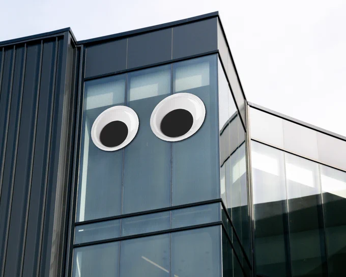 The top of the Academic Center with two googly eyes attached.