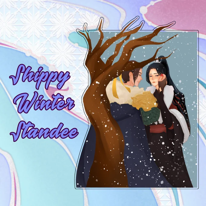 Background with swirly blue-ish colours. On the left side, in cursive blue letters the text Shippy Winter Standee, and next to it there is a full preview of the item