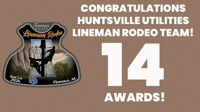 Tennessee Valley Lineman Rodeo logo with congratulations to Huntsville Utilities on winning 14 awards.