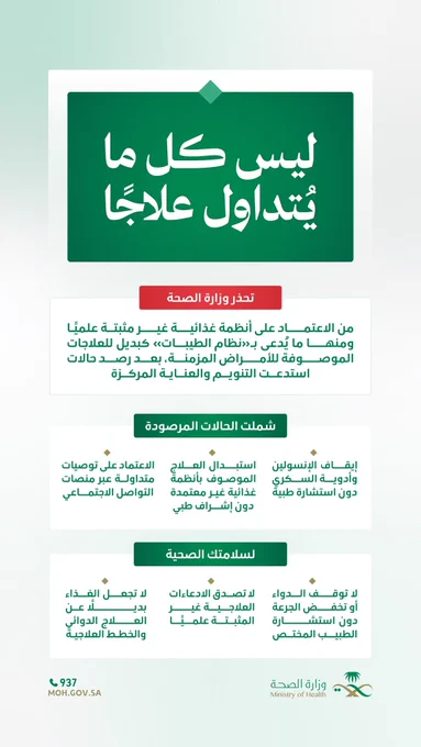 إنفوجرافيك تحذيري يسلّط الضوء على مخاطر إيقاف الأدوية الموصوفة أو تعديل جرعاتها بناءً على أنظمة غذائية متداولة وغير مثبتة علميًا، مع التأكيد على أن الغذاء الصحي يدعم العلاج ولا يُعد بديلًا عن الأدوية، والتنبيه إلى تسجيل حالات صحية حرجة استدعت التدخل الطارئ والتنويم نتيجة إيقاف العلاج دون إشراف طبي.