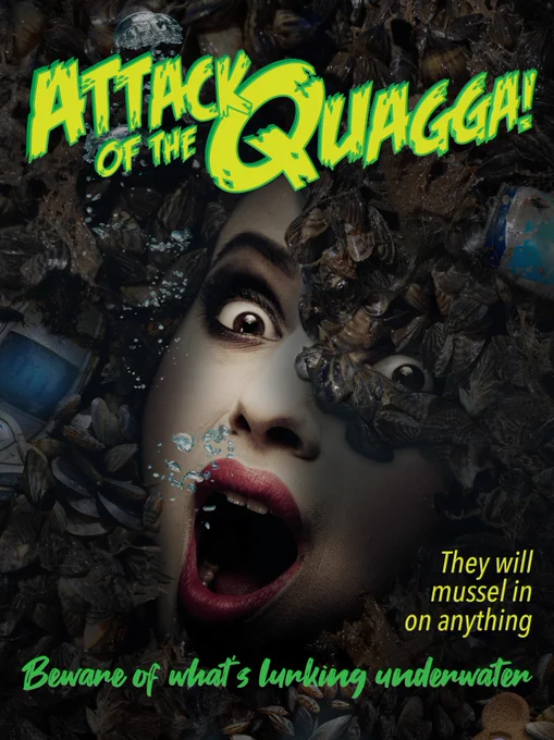 A horror movie poster shows a screaming woman's face, partially covered by quagga mussels. 
Text: "They will mussel in on anything. Beware of what’s lurking underwater".