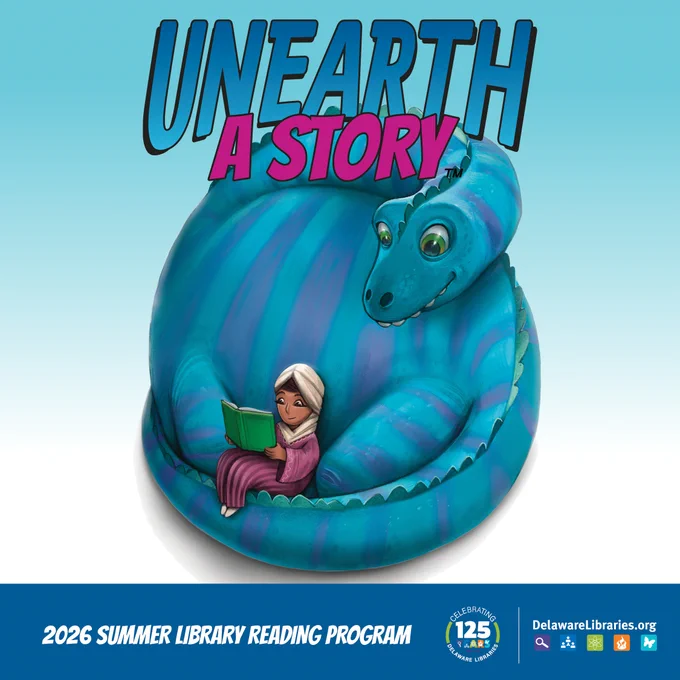A large blue dinosaur curled protectively around a child reading a green book, with the title 'Unearth A Story' above them.