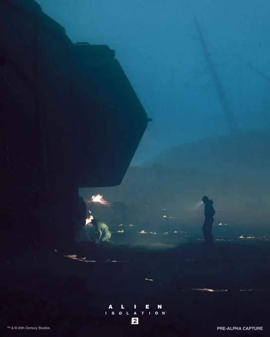 Two characters near a crashed vessel in a dark forest; one kneeling, one standing. Alien Isolation 2.