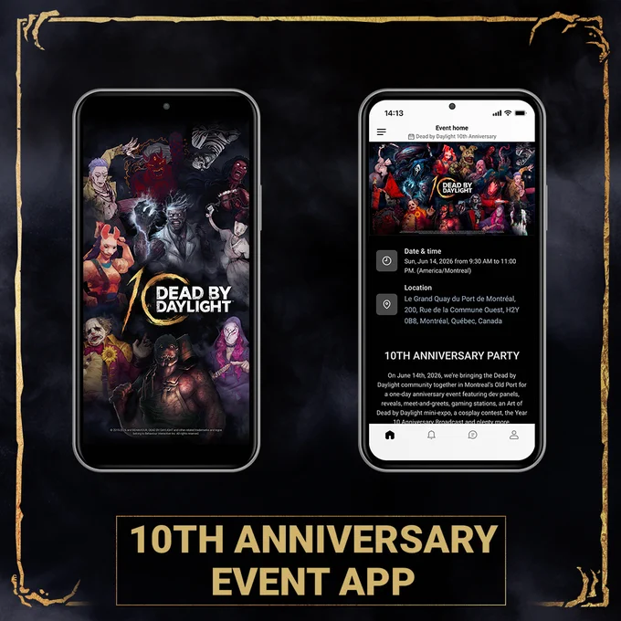 Two phones showcasing Dead by Daylight's 10th Anniversary Event App. 