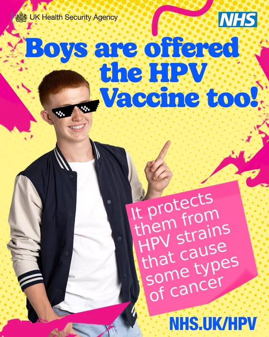 A person in sunglasses points upward beside large text reading, “Boys are offered the HPV vaccine too!” A pink box on the right says, “It protects them from HPV strains that cause some types of cancer.” The background is bright yellow with pink graphic accents, and the URL “NHS.UK/HPV” appears at the bottom.