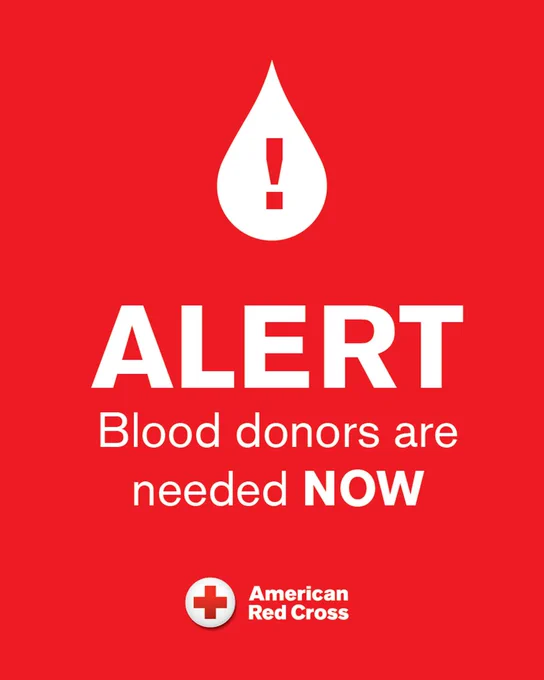 Graphic with a red background featuring a white droplet with an exclamation mark, and text that reads 'Alert: Blood donors are needed now'.