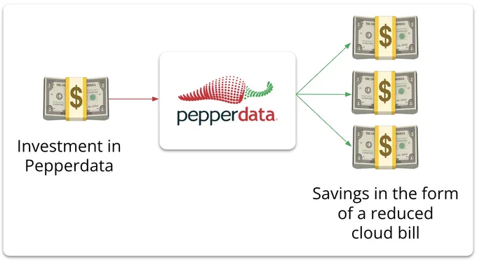 An infographic showing one cash bundle ("Investment in Pepperdata") pointing into a Pepperdata box. Three arrows emerge from the box, pointing to three cash bundles ("Savings in the form of a reduced cloud bill"), illustrating a 3-to-1 return on investment.