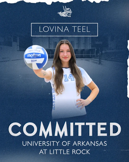 Graphic of volleyball player, Lovina Teel, announcing commitment to University of Arkansas at Little Rock.