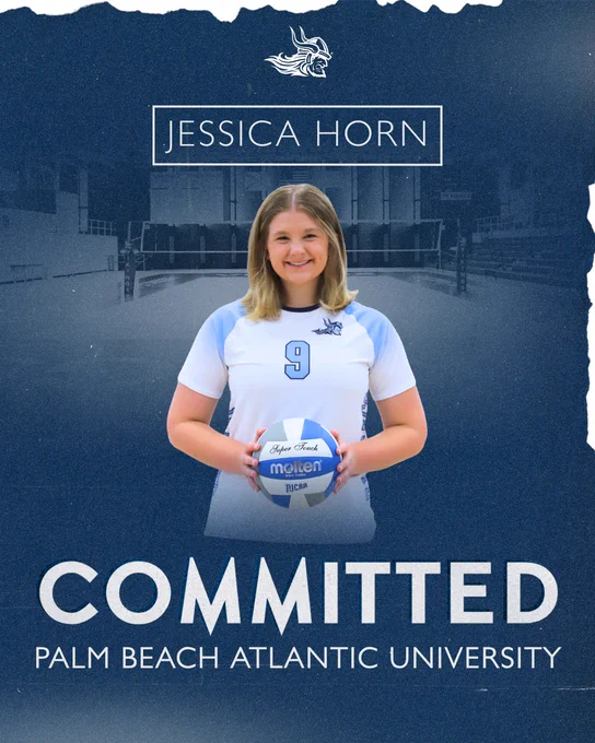 Graphic of volleyball player, Jessica Horn, announcing commitment to Palm Beach Atlantic University.