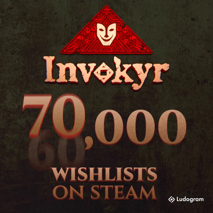 Promotional image for Invokyr celebrating 70,000 Steam wishlists, featuring the game logo over a dark horror-themed background.
