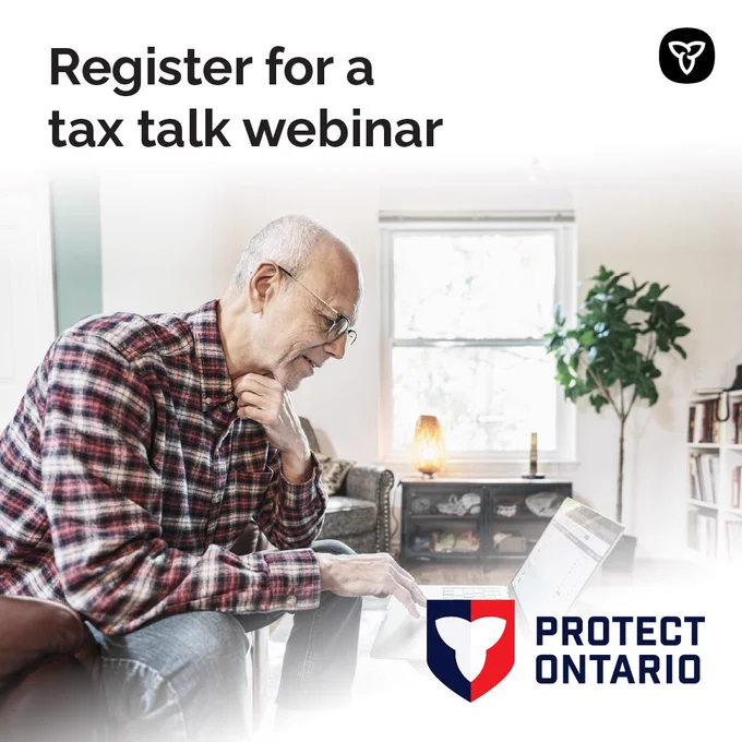 Photo of a senior in his living room looking at his laptop.

Text: Register for a tax talk webinar
