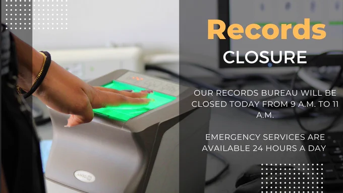 A short social media graphic shows a person placing their hand on a glowing green fingerprint scanner. Text overlays read: “Records Closure” and “Our Records Bureau will be closed on June 8th from 9 A.M. to 11 A.M. Emergency services are available 24 hours a day.”