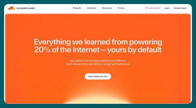 Cloudflare homepage hero with the headline,
"Everything we learned from powering 20% of the
Internet—yours by default," using an em dash before
"yours by default."