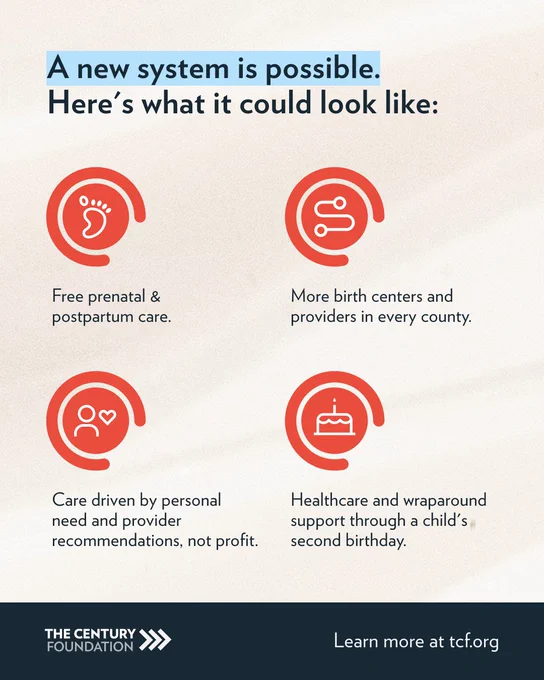Graphic outlining four components of a new maternal healthcare system: free prenatal and postpartum care, more birth centers in every county, care driven by need over profit, and wraparound support through a child's second birthday.