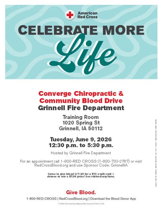 The image is a poster for a blood drive event hosted by Converge Chiropractic and the Grinnell Fire Department, organized by the American Red Cross. It includes the event details: location is Training Room, 1020 Spring St, Grinnell, IA 50112, taking place on Tuesday, June 9, 2026, from 12:30 p.m. to 5:30 p.m. It provides contact information for appointments and a sponsor code, GrinnellA. The bottom of the poster encourages blood donation with "Give Blood" in red text.