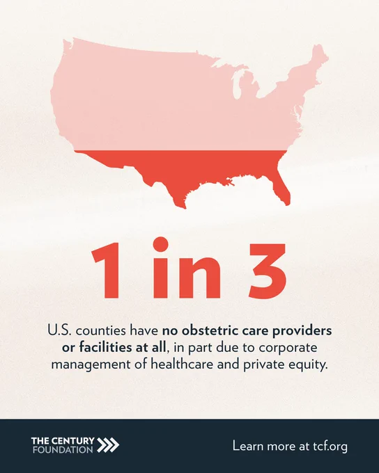 Illustrated map of the U.S. split into pink and red halves. Text reads: "1 in 3 U.S. counties have no obstetric care providers or facilities at all," attributed in part to corporate management and private equity.