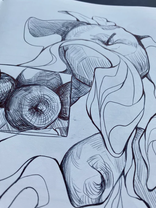A close up of a sketchbook page featuring abstract apples in Bic pen ink. 
