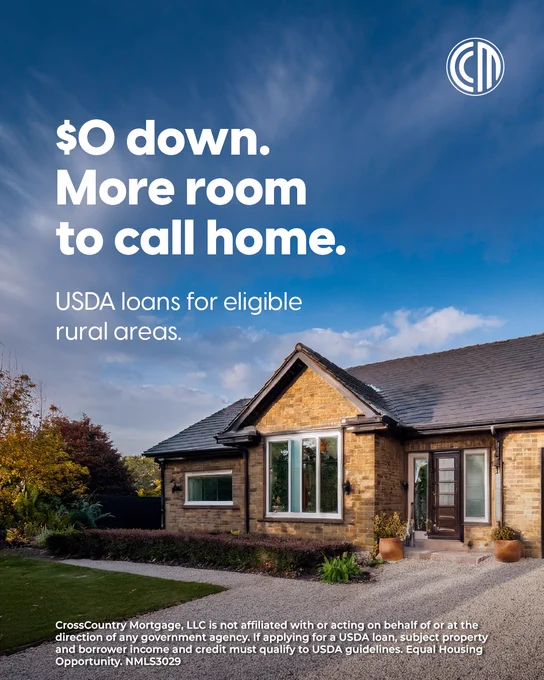 Single story brick home with large windows and yard with text promoting zero down USDA loans for eligible rural areas.