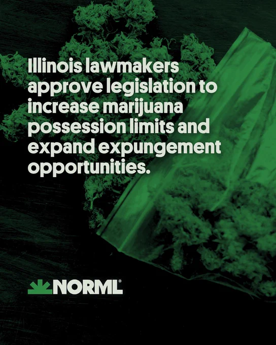 Headline reads, "Illinois lawmakers approve legislation to increase marijuana possession limits and expand expungement opportunities." Legal cannabis flower spills out of a clear zip-top bag.