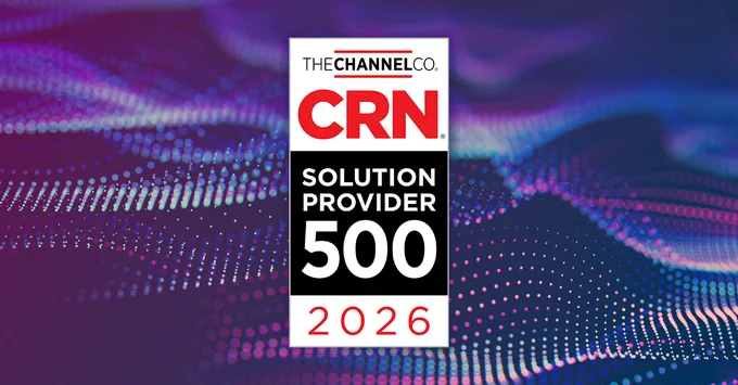CRN's 2026 Solution Provider 500 badge, a vertical rectangle with text that says, "The Channel Co: CRN: Solution Provider 500 2026," set against a horizontal purple-to-dark blue gradient background covered by waves of glowing in-and-out-of-focus light blue, light pink, and magenta dots.