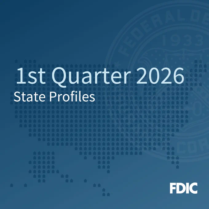 Graphic with blue background with the text "1st Quarter 2026 State Profiles" and "FDIC" with a map outline of the United States made of dots.