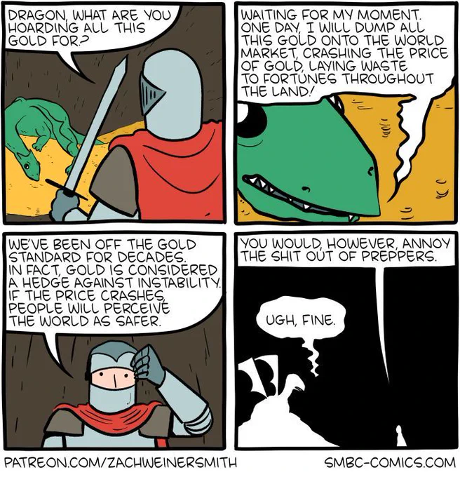 4-panel SMBC comic update. A knight confronts a dragon in his cavern as the dragon lies atop his gold hoard. The knight asks what the dragon is hoarding all the gold for. The dragon replies that he is waiting for his moment. "One day, I will dump all this gold onto the world market, crashing the price of gold, laying waste to fortunes throughout the land!" The knight replies that they have been off the gold standard for decades and that in fact, gold is considered a hedge against instability. If the price crashes, people will perceive the world as safer. The knight add that it would, however, annoy the shit out of preppers, to which the dragon answers "ugh, fine."