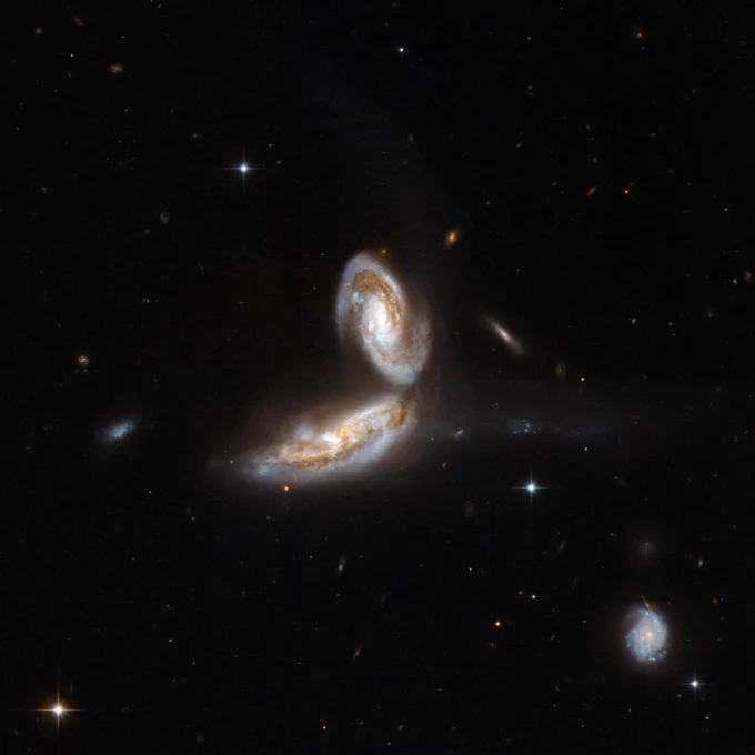 Two spiral galaxies shine against black space, appearing connected to each other. A faint blue trail of stars extends to the right of the interacting galaxies. More distant galaxies dot the surrounding space.