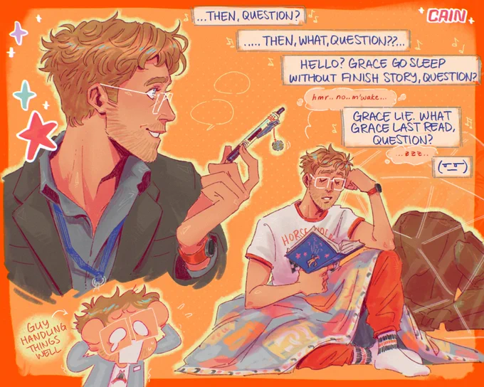 sketch page of Ryland Grace and Rocky:

- teacher grace holding a pen with a lil earth charm dangling from it
- chibi grace not handling things well (text: guy handling things well)
- grace 'reading' to rocky (text:
R: ...Then, question?
R: ...... Then, what, question?? ....
R: Hello? Grace go sleep without finish story, question?
G: hmr .. no .. m'wake ...
R: Grace lie. What Grace last read, question?
G: ...zzz....
R: 😒)
