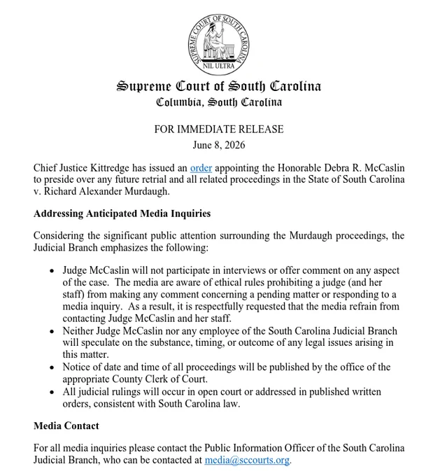 press release from SC Supreme Court regarding McCaslin's appointment