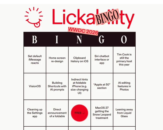 Part of a bingo card themed around Apple's WWDC 2026 event.