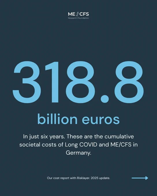 The image shows the text "318.8 billion euros" in large numbers, with the text "In just six years. These are the cumulative societal costs of Long COVID and ME/CFS in Germany." provided below.