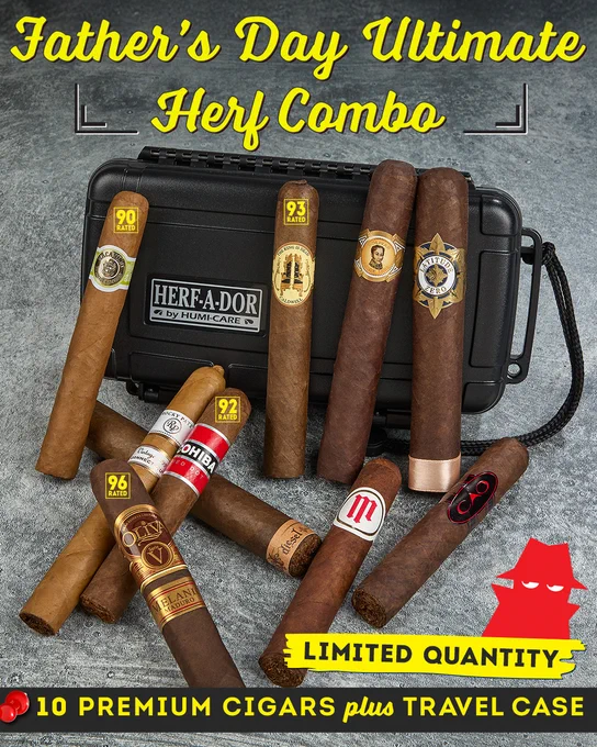 Image showing a Father's Day Ultimate Herf Combo featuring 10 premium cigars displayed on a gray surface. Cigars included were Bolivar Cofradia, Diesel Unlimited Maduro, Oliva Serie V Melanio Maduro, Cohiba Red Dot, Caldwell The King is Dead, Crowned Heads Mil Dias Maduro, CAO Consigliere, Latitude Zero, Macanudo Cafe, and Rocky Patel Vintage 1999 Connecticut, accompanied by a black Herf-a-Dor travel case. Text highlights "Limited Quantity. - Cigars International