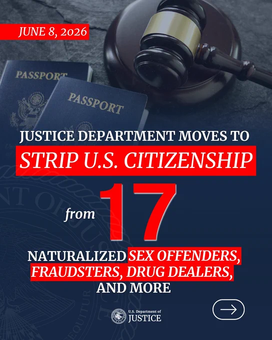 Justice Department Moves to Strip U.S. Citizenship from 17 Naturalized Sex Offenders, Fraudsters, Drug Dealers, and More