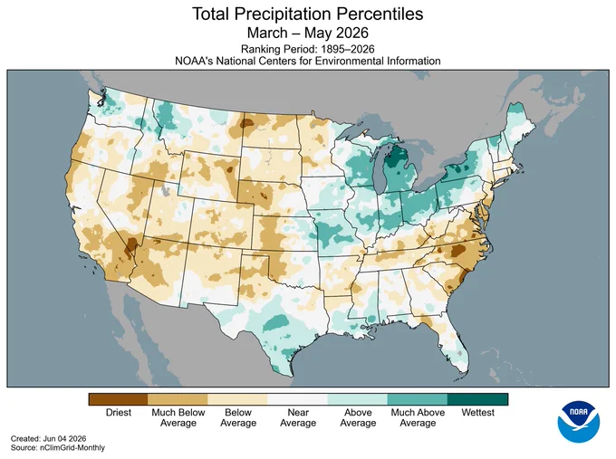 Map of the U.S. showing precipitation percentiles for spring (March–May) 2026 with wetter areas in gradients of green and drier areas in gradients of brown.