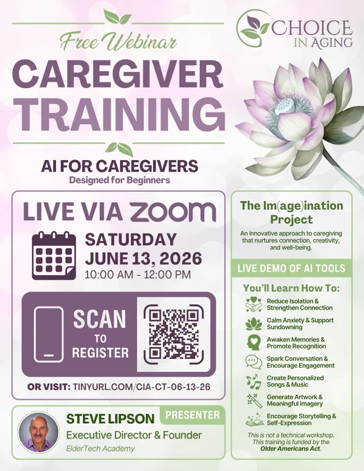 The Im(age)ination Project is an innovative approach to caregiving that nurtures connection, creativity, and well-being.

With a live demonstration of beginner-friendly AI tools, you’ll learn how to:

- Reduce Isolation & Strengthen Connection
- Calm Anxiety & Support Sundowning
- Awaken Memories & Promote Recognition
- Spark Conversation & Encourage Engagement
- Create Personalized Songs & Music
- Generate Artwork & Meaningful Imagery
- Encourage Storytelling & Self-Expression

This is not a technical workshop. This training is funded by the Older Americans Act.