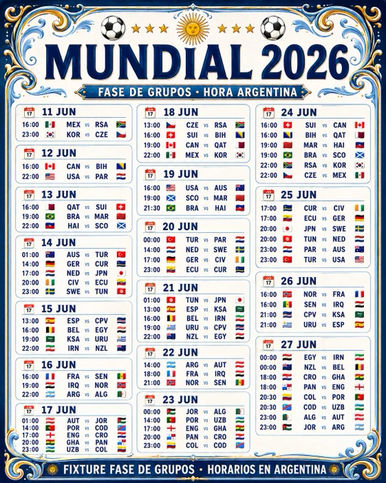 Fixture Mundial 2026 - Fase de Grupos - Horarios de Argentina