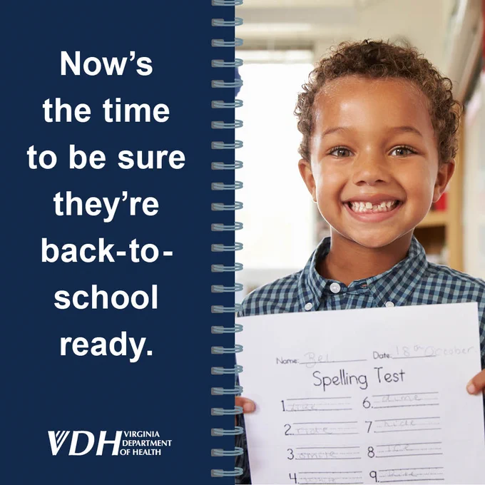Child holding a completed spelling test with a message encouraging back-to-school readiness from the Virginia Department of Health.