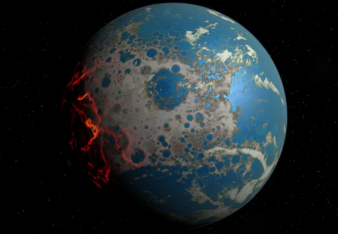 A depiction of early-Earth with numerous craters and glowing red lava visible on the darkened side against a starry background.