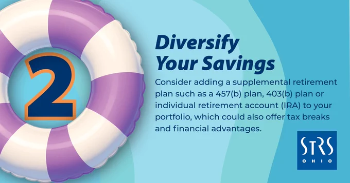 Illustration of innertube with the number 2 inside it on water with the text "Diversify Your Savings Consider adding a supplemental retirement plan such as a 457(b) plan, 403(b) plan or individual retirement account (IRA) to your portfolio, which could also offer tax breaks and financial advantages."