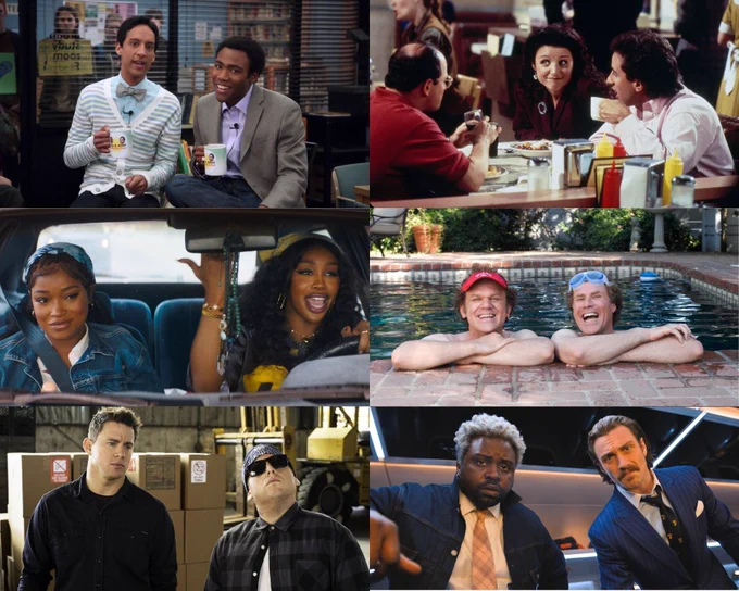 A collage of scenes from various media. Top left: Two individuals with beverages, one wearing a bow tie. Top right: Two individuals at a diner table with plates of food. Middle left: Two individuals singing in a car. Middle right: Two individuals smiling in a swimming pool. Bottom left: Two individuals in a storage area, one wearing sunglasses. Bottom right: Two individuals in suits posing in a futuristic setting.