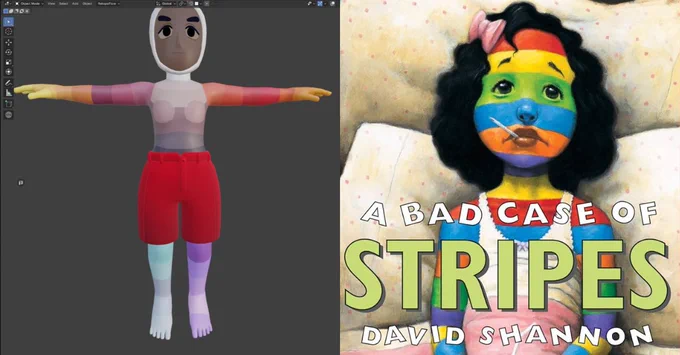 Image of a character model with multi-colored region masks on their limbs and torso. It’s next to the cover of A Bad Case of Stripes, with a little girl covered in multicolored horizontal stripes.