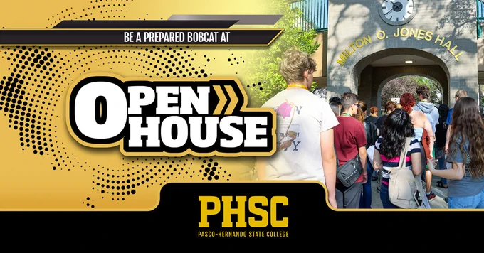 A group of high school seniors walking around the PHSC West Campus. Text states "Be a prepared bobcat at Open House."