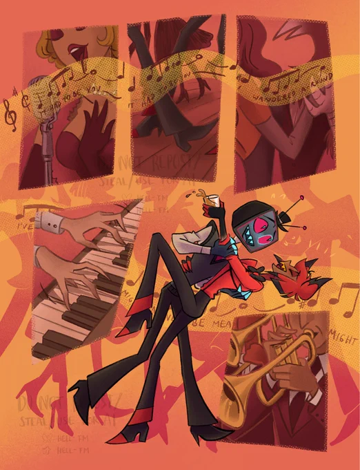-page comic in bright orange and yellow tones. Theres no speech bubbles and instead the lyrics of the chorus of It Had To Be You are spread throughout the page. The first three panels are on the top and show a jazz singer and dancing people. In the loser half of the page is one panel of hands on the keys of a piano and then theres an illustration of Vintage!Vox dipping Alastor low as they are dancing. Vox is laughing and blushing and Alastor is laughing too, while spilling his drink accidentally. Vox holds Alastors arm in one hand and his waist in the other. The last panel shows trombone and trumpet players.