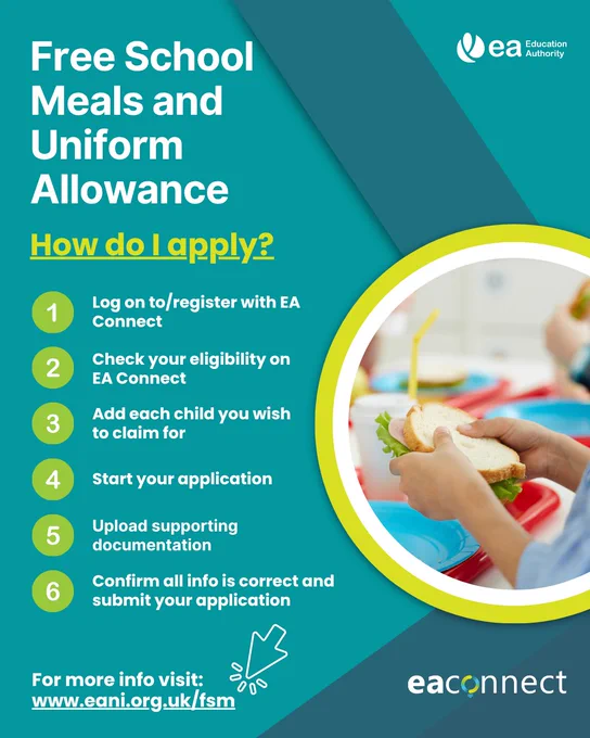 Step-by-step guide to applying for free school meals and uniform allowance via EA Connect platform.