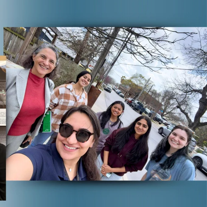 A group selfie of Kimia and 5 of her peers standing outdoors on a sidewalk with bare trees and parked cars in the background.
