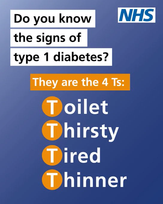 NHS infographic listing the 4 Ts as signs of type 1 diabetes: Toilet, Thirsty, Tired, and Thinner.
