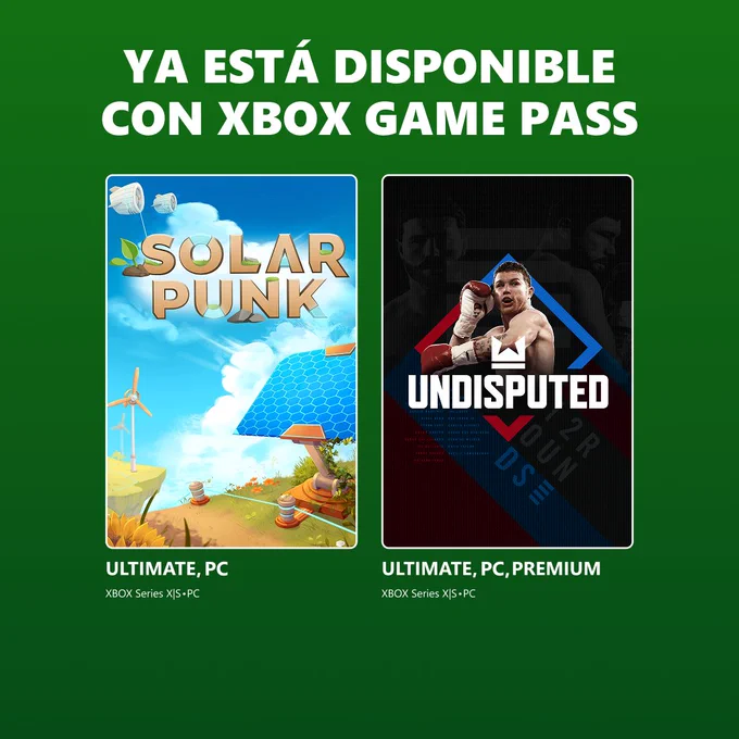 Disponible hoy con XBOX Game Pass:
Solarpunk con XBOX Game Pass Ultimate y XBOX Game Pass PC en XBOX Series X|S y PC.
Undisputed con XBOX Game Pass Ultimate, XBOX Game Pass PC y XBOX Game Pass Premium en XBOX Series X|S, PC y dispositivos portátiles.