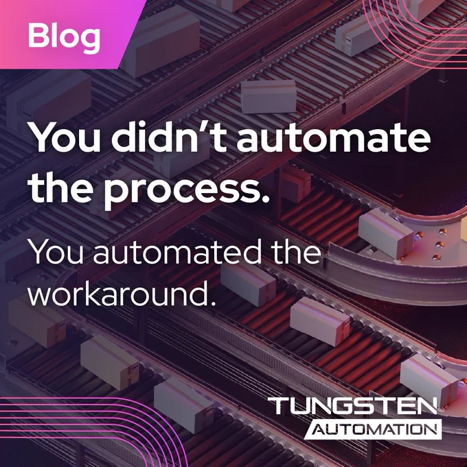 Conveyor belts transporting rectangular packages with text highlighting automating workarounds, branded Tungsten Automation.