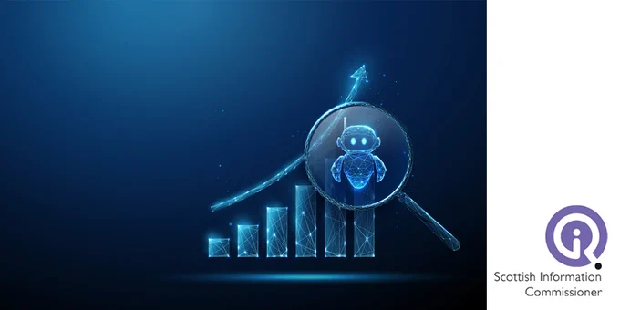 AI/computer chart with upward trajectory along with a robot, alongside the Scottish Information Commissioner's logo.