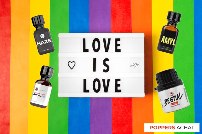 Bouteilles de poppers Haze, Amyl et Bestial sur fond drapeau arc-en-ciel avec le message "Love is Love" – Promotion Pride Week -20% sur poppersachat.fr